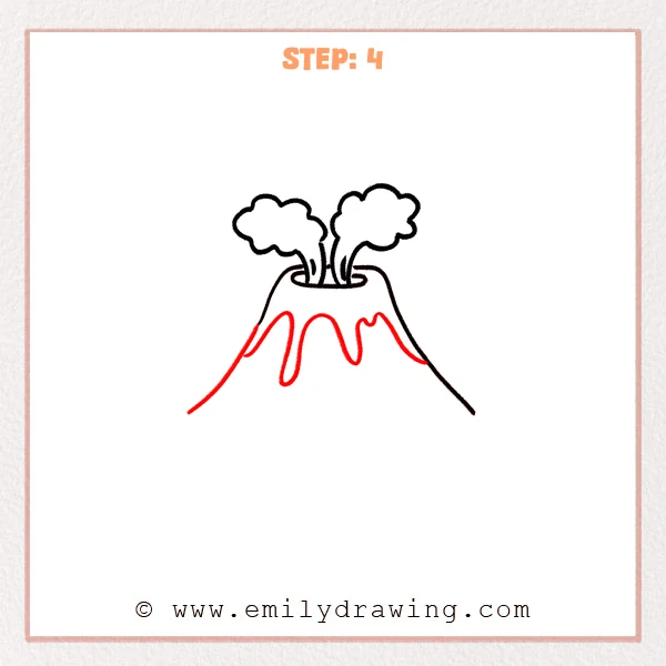 how to draw a cartoon volcano - Step 4 of how to draw a cartoon volcano adds rounded lava drips flowing from the crater rim, with varied lengths and side lava lines for the erupting effect.